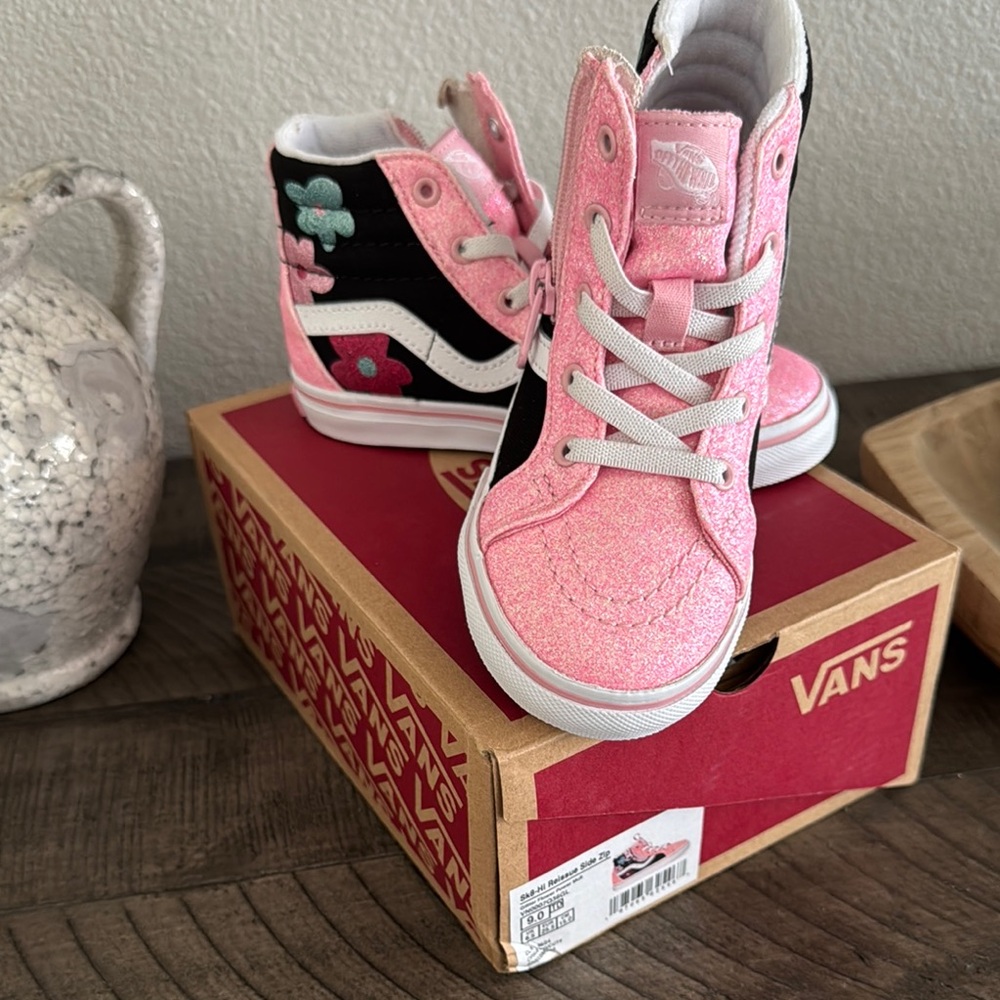 Vans Pink and Black Kids' High-Tops with Floral Accents